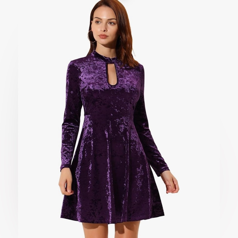 Allegra K Women's Keyhole Neck Dress High Waist Long Sleeve Velvet Dress